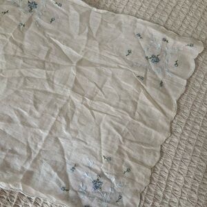 Vintage Embroidered Blue White Floral Handkerchief Scarf Wrap Cottagecore
